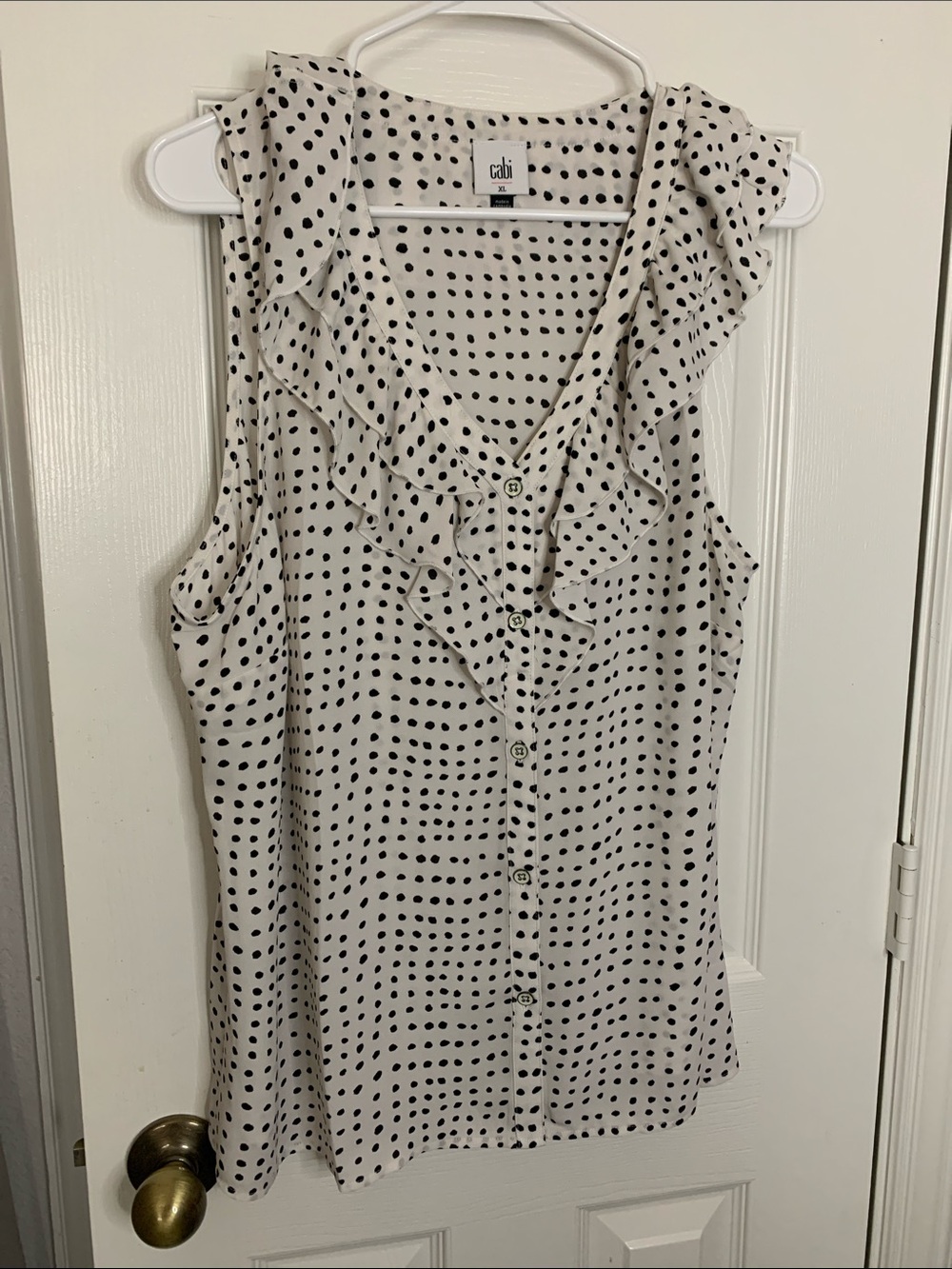CAbi Cream Sleeveless Polka Dot Ruffle Button-Front Blouse